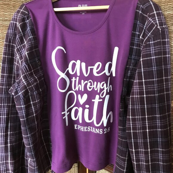 Flannel Tee Upcycle, Size L-XL: Oversized Graphic T-Shirt, Christian Faith Shirt - Picture 6 of 10